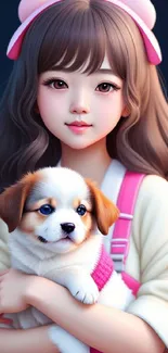 Cute girl holding puppy at night with stars.