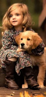 Little girl with puppy on autumn path, warm and cute scenery.