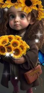 Cute girl with sunflowers and a blue butterfly in dark brown attire.