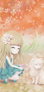 Anime-style girl with a white fox and peach blossoms.