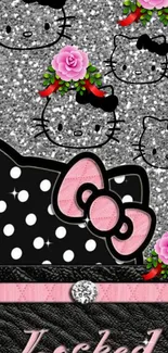 Cute glittery wallpaper with cat faces and floral accents.