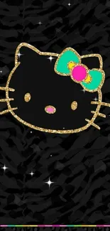 Black and gold cat design with colorful bow on patterned background.