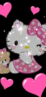 Cute glitter kitty with pink hearts and a bear.