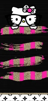 Cute character with pink glitter on black striped wallpaper.