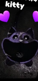 Cute purple cartoon cat with hearts on dark background.