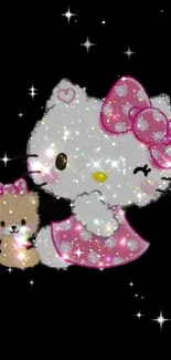 Glittery kitty with teddy bear and pink bow on black background.