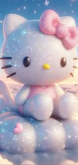 Glittery cartoon cat sitting on a cloud with pink bow.