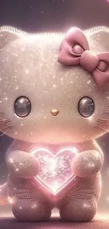 Cute glittery cat holding a heart with sparkling effects and a soft pink hue.