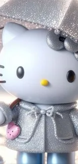 Adorable cartoon kitty with umbrella in sparkly outfit.