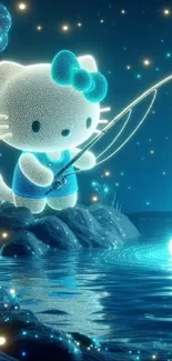 Glowing cartoon cat fishing by a lake at night.