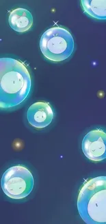 Mobile wallpaper with cute glowing characters in bubbles on a dark blue background.