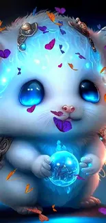 Cute fantasy mouse with glowing details holds a magical orb. Ideal for mobile wallpaper.