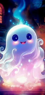 Adorable glowing ghost in a magical setting.