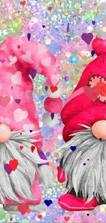 Cute gnome wallpaper with glittery hearts.