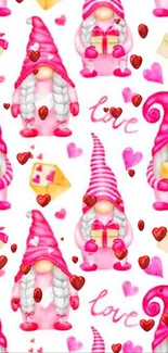 Charming mobile wallpaper with pink gnomes, hearts, and love text.