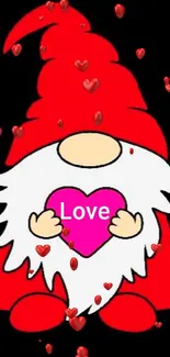 Cute gnome holding pink heart with 'Love' text on black background.