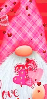 Cute Valentine gnome wallpaper with hearts and pink hat.