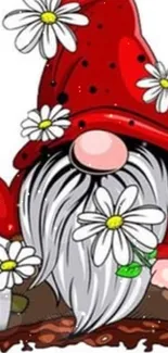 Charming gnome wearing red hat with flowers sitting peacefully.