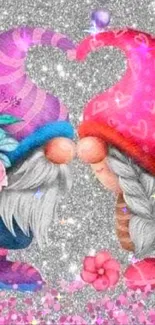 Two adorable gnomes with glittering pink and purple hats on a sparkling background.