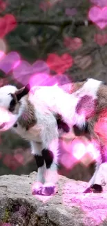 Adorable baby goat with pink heart bokeh background.