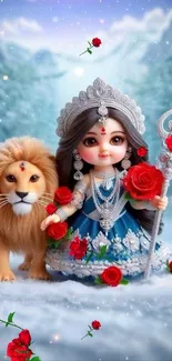 Cute goddess and lion in a snowy fantasy setting with roses.