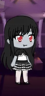 Cute chibi-style vampire girl in gothic castle setting.