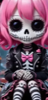 Anime-style gothic doll with pink hair and skeleton face in vibrant art.