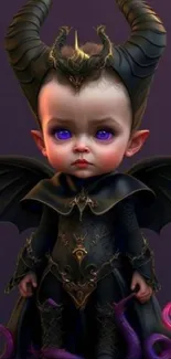 Gothic baby with dark wings and purple eyes on a mobile wallpaper background.