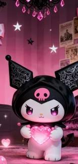 Gothic cartoon character in a pink room holding a glowing heart.