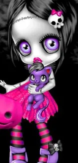 Cute gothic cartoon character with vibrant colors.