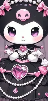 Gothic-style cartoon character with pink and pearls.