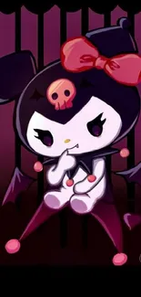 Cute gothic character with red bow and skull motif as phone wallpaper.