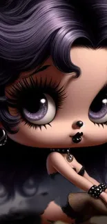 Cute gothic doll with purple hair and large eyes on mobile wallpaper.