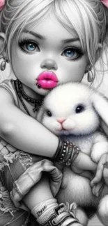 Cute gothic girl hugging a bunny in a whimsical style.