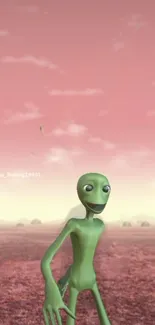 Adorable green alien against a pink sky.