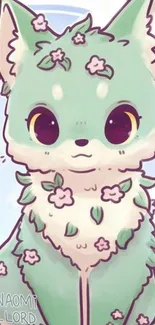 Anime-style green creature with flowers, ideal for wallpaper.