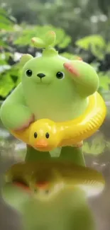 Cute green bear with duck floaty in nature reflection.