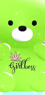 Bright green bear with 'girlboss' text in whimsical design.