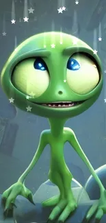 Cartoon green alien with big eyes on a wallpaper background.