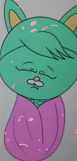 Cartoon green cat wrapped in a purple blanket.