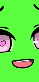 Cute green cartoon face with heart-shaped eyes.