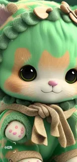 Cute green cartoon cat in plush outfit on a mobile wallpaper.