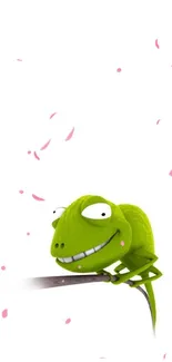 Cute green chameleon on minimalist wallpaper.