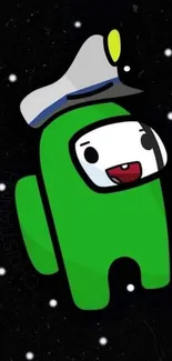 Cute green cartoon character in space theme wallpaper.