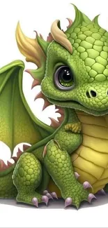 Cute green dragon with playful eyes and vivid scales on a white background.