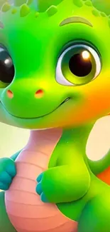 Cute green cartoon dragon with big eyes