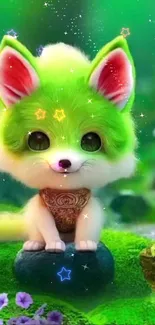 Cute green fantasy fox on a vibrant forest background.