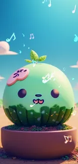 Cute green cartoon character in a bright fantasy landscape mobile wallpaper.