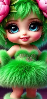 Cute fantasy doll with green dress and floral accents.