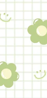 Green smiley flower mobile wallpaper with grid pattern.